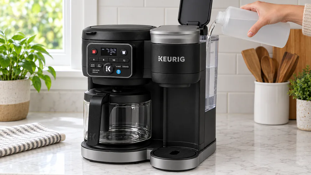 The Keurig K-Duo Gen 1 on a kitchen counter mid-descale, a mug of descaling solution under the spout and the water reservoir lifted off.