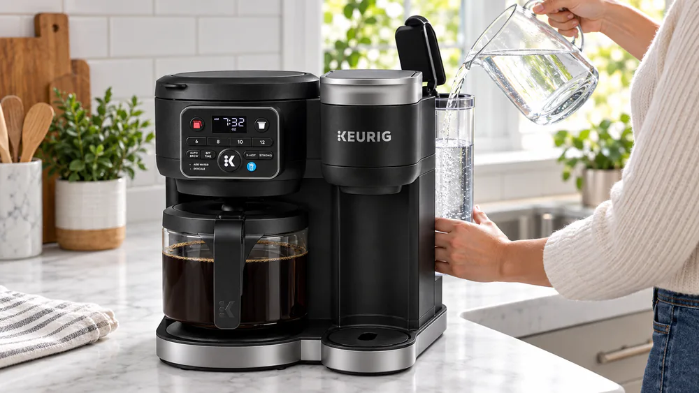 A hand lifting the 72 oz removable water reservoir off the rear of the Keurig K-Duo Gen 2 to carry it to the sink, the machine's front control panel visible.