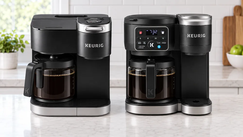 A Keurig K-Duo Gen 1 and a Keurig K-Duo Gen 2 (Hot & Iced) side by side on a kitchen counter, both with full carafes, front panels visible.