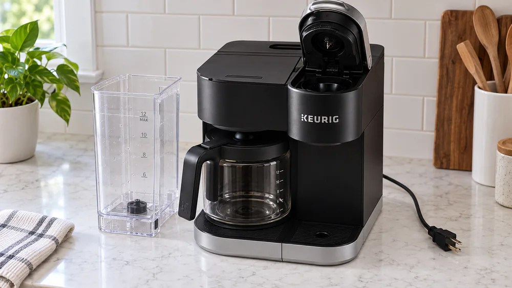 A Keurig K-Duo with its water reservoir removed and the lid open, cooling with the power cord unplugged after a descaling shutdown.