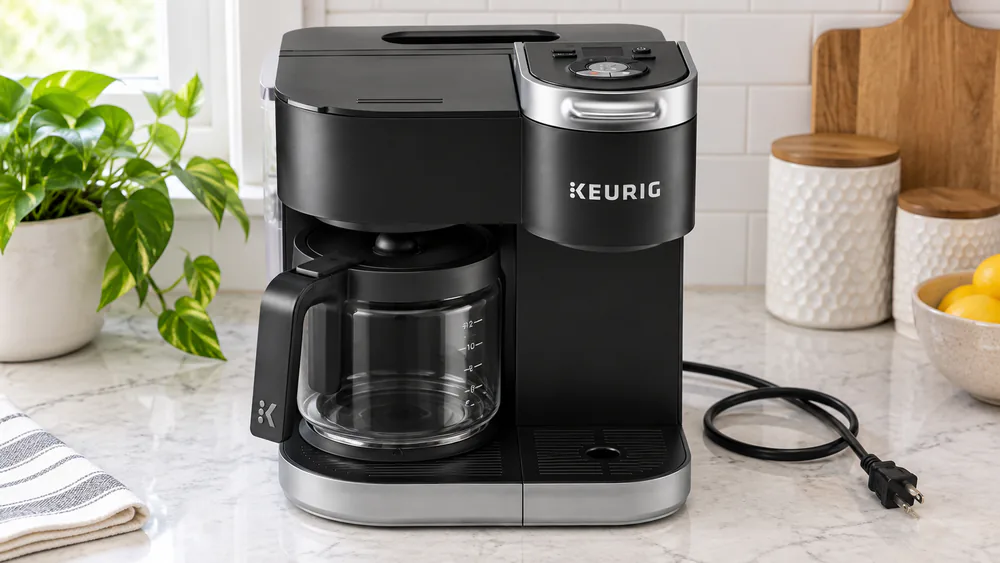 A dark, unplugged Keurig K-Duo coffee maker on a kitchen counter with the power cord coiled beside it during a five-minute hard reset.