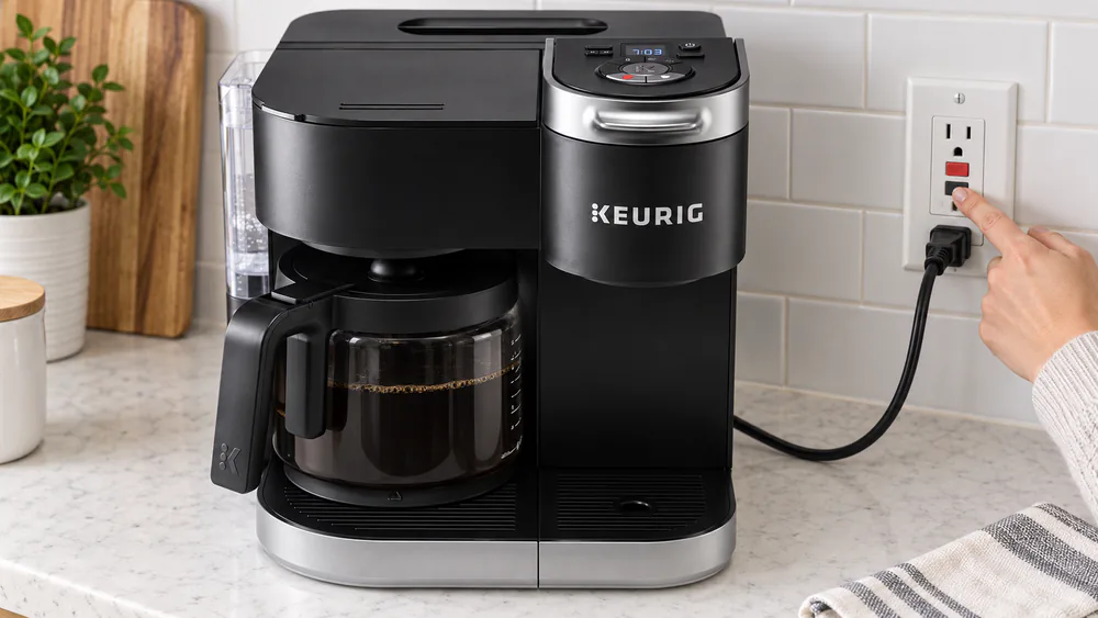 A Keurig K-Duo power cord resting on a kitchen counter beside a wall outlet while a hand presses the RESET button on the GFCI receptacle.