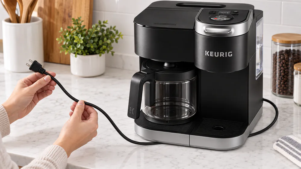 A hand running the full length of a Keurig K-Duo power cord from the wall plug toward the base of the brewer, checking for nicks and soft spots.