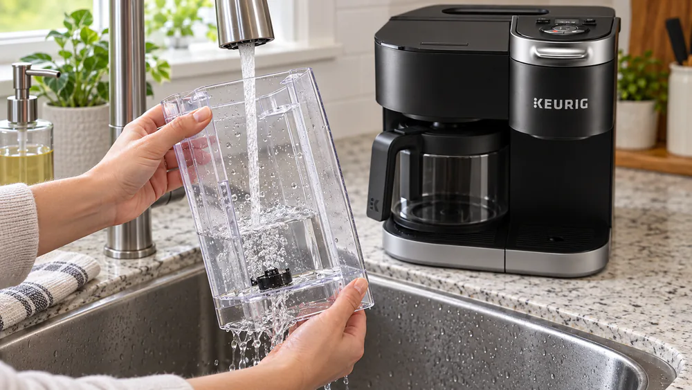 Hands holding the 60-ounce water reservoir of a Keurig K-Duo upside down while rinsing the float magnet channel with warm water.