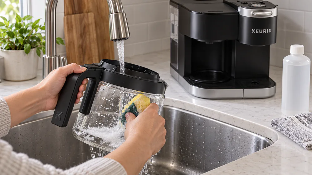 The K-Duo glass carafe being hand-washed at a kitchen sink with descaling solution nearby