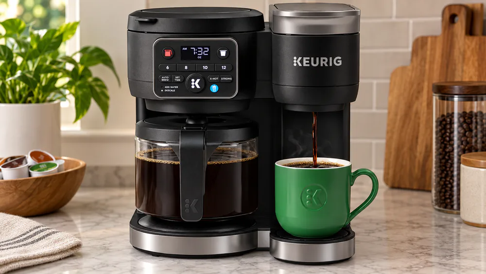 The K-Duo Gen 2 brewing a K-Cup into a mug with its front control panel lit