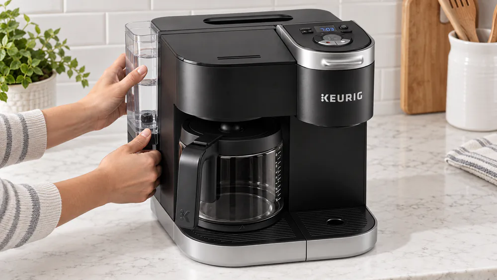 Hands pressing the K-Duo water reservoir firmly back onto its base to clear an Add Water error