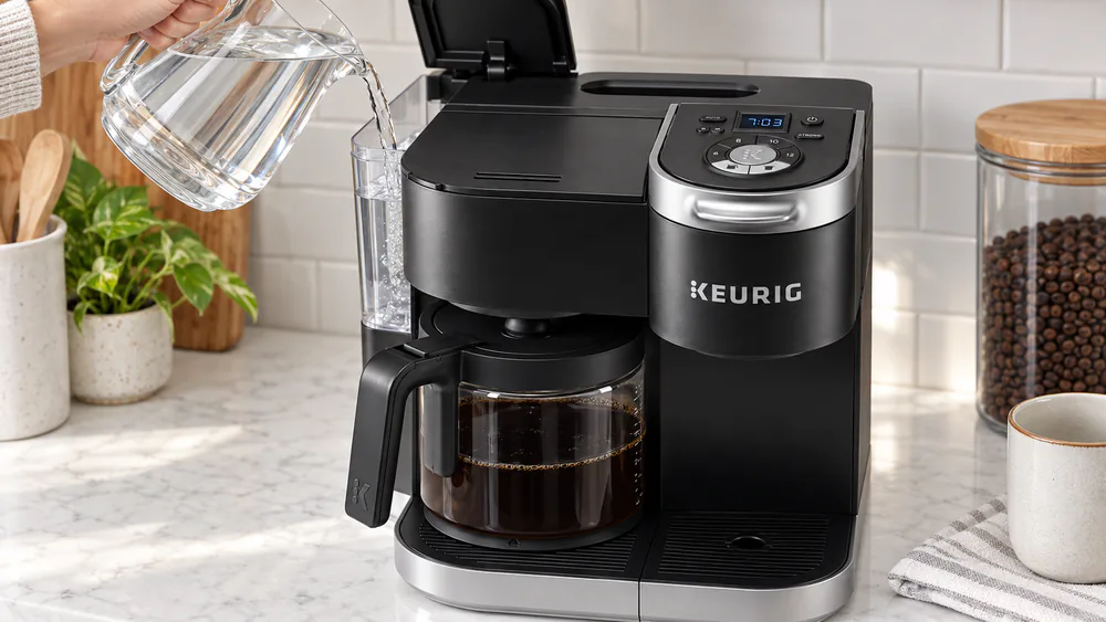 Close-up of the K-Duo top-mounted buttons and rear reservoir being refilled