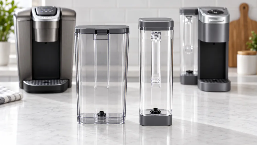 The Keurig K-Elite's 75 oz reservoir and the K-Supreme's 66 oz reservoir side by side on a kitchen counter, the K-Supreme tank showing its molded carry handle.