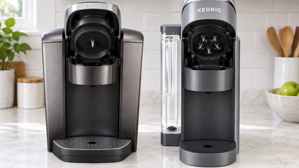 Close-up of the Keurig K-Supreme's five-needle MultiStream brew head beside the K-Elite's single needle, showing how each sprays water through the K-Cup grounds.