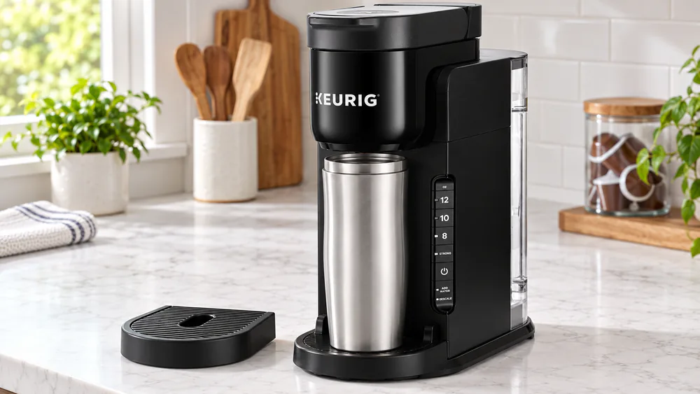A tall stainless travel mug under the Keurig K-Express brew head with the drip tray removed, showing the machine clearing mugs up to 7.4 inches tall.