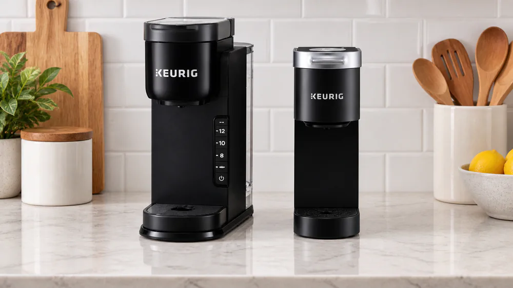 A Keurig K-Express and K-Mini side by side, showing the width difference.