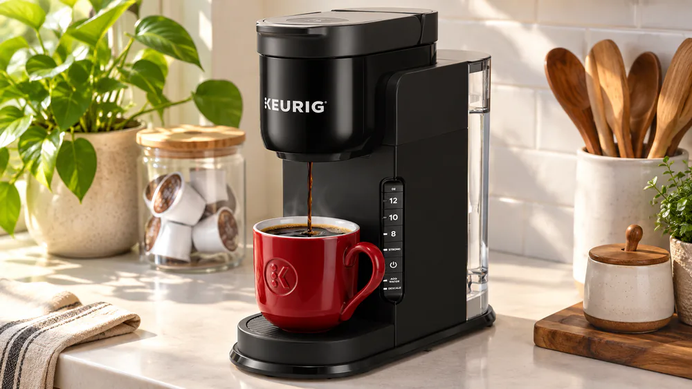 A fresh mug of coffee next to a Keurig K-Express, with a K-Cup pod on the counter.