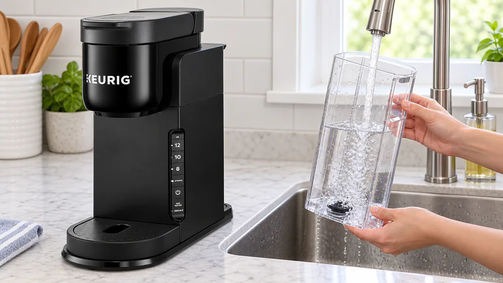 The 42 oz water reservoir of a Keurig K-Express lifted off for a sink wash.