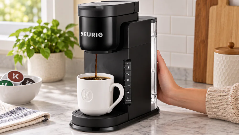 A mug of coffee brewing under the Keurig K-Express spout, a hand bracing the lightweight machine.