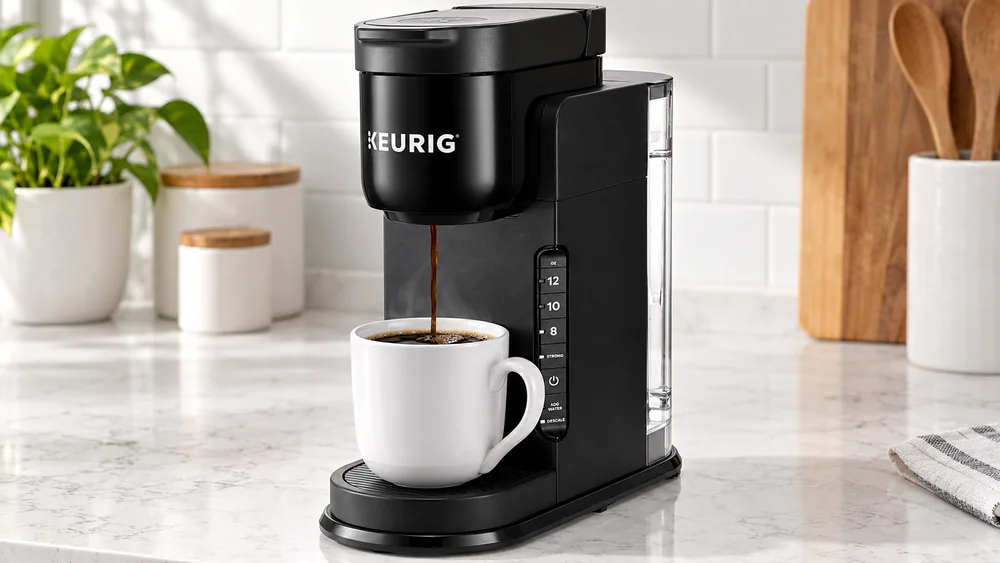 The Keurig K-Express on a kitchen counter with its side-mounted reservoir filled and a white mug in front.