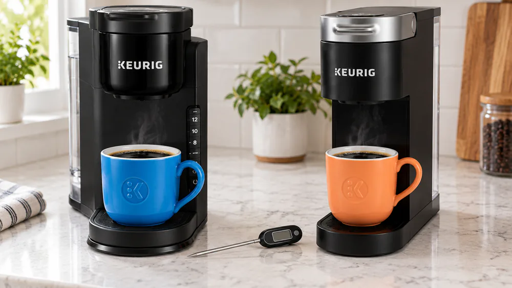 Two mugs of coffee side by side, one from each brewer, with a digital thermometer between them.