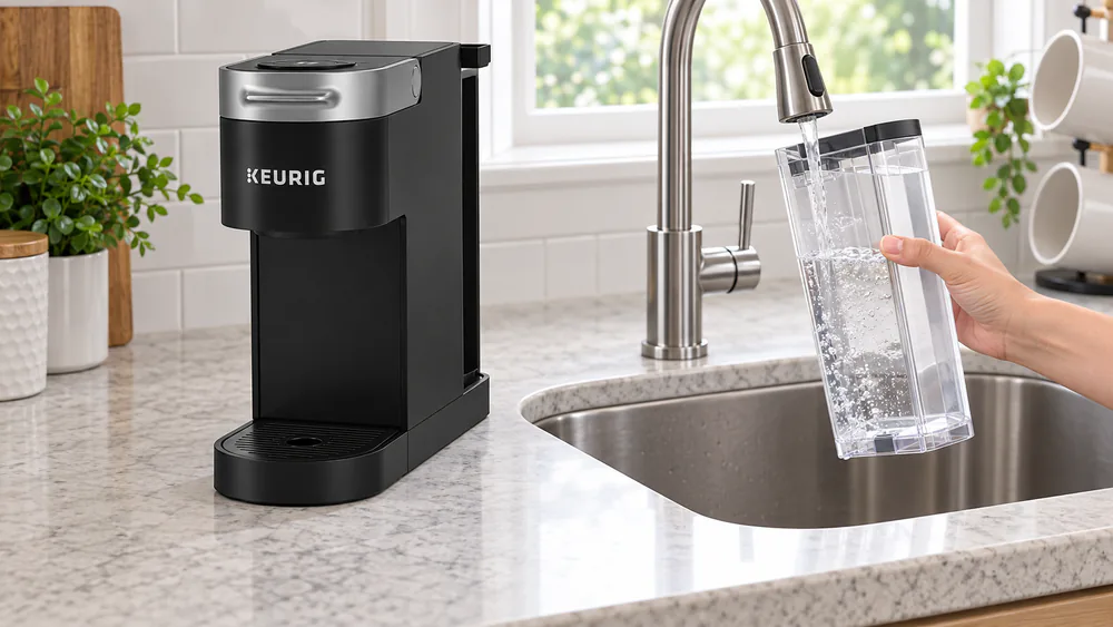 A hand removing the Keurig K-Slim's clear 46-ounce water reservoir to carry it to the sink.