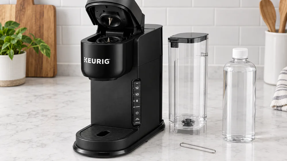 A Keurig descaling solution bottle beside the K-Express with its reservoir removed, ready for a descale cycle.