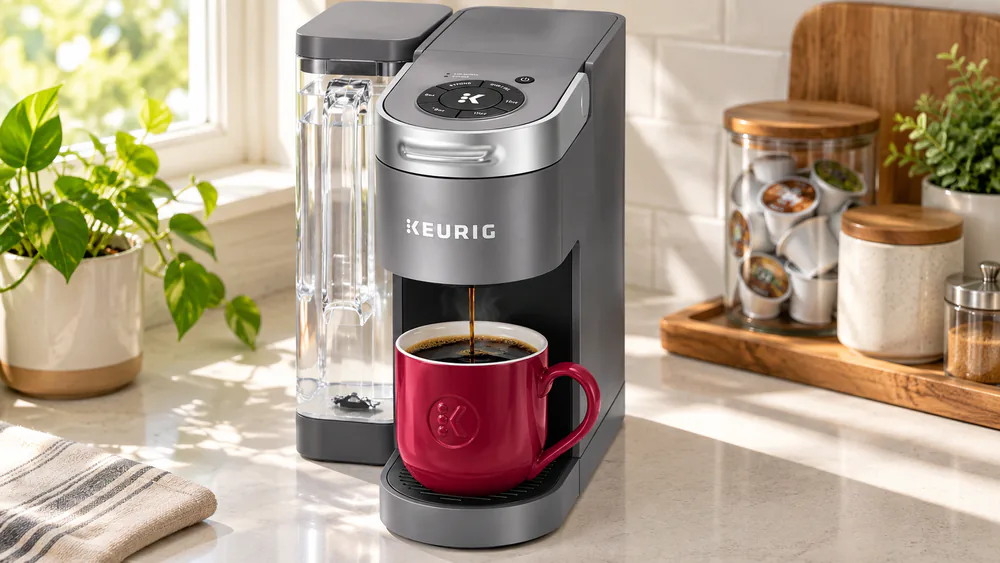 The K-Supreme on a counter, reservoir at the rear, mug under the brew head.