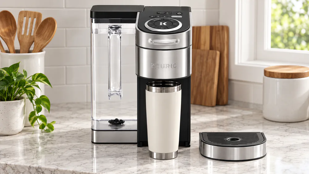 A tall travel mug under the K-Supreme Plus brew head with the drip tray removed.