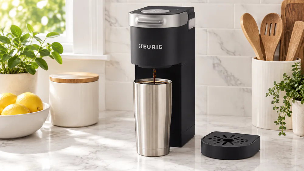 A Keurig K-Mini brewing a single cup on a small apartment counter, the two-button control panel visible on top.