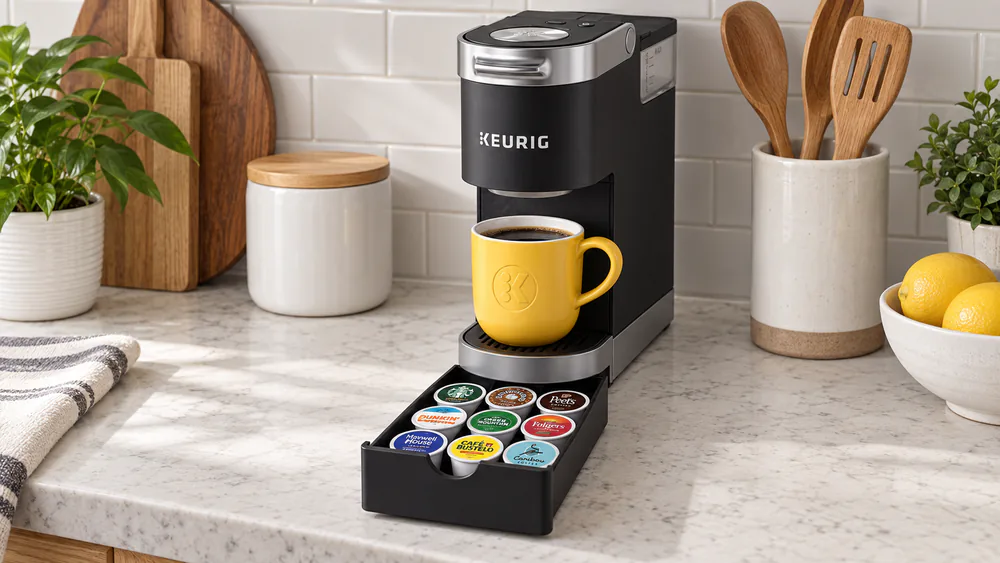 The K-Mini Plus slide-out pod drawer pulled open, holding nine K-Cup pods inside the brewer base.