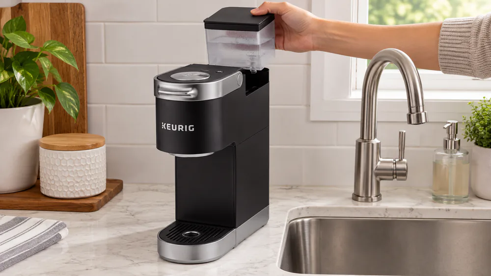 A hand lifting the K-Mini Plus removable water reservoir off the brewer at the kitchen sink for a rinse.