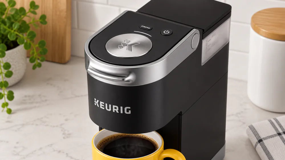 Close-up of the K-Mini Plus control panel showing the three buttons, with the Strong Brew button highlighted.
