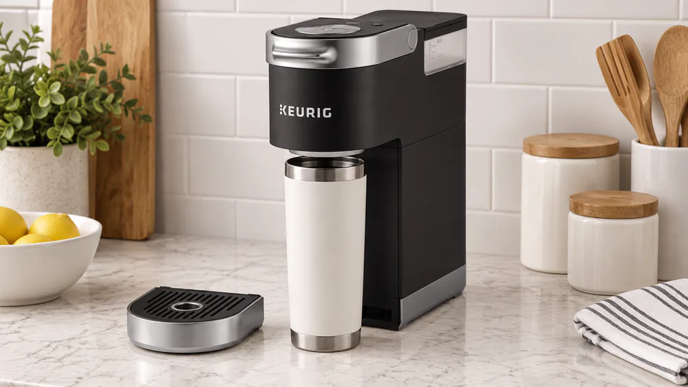 A K-Mini Plus with its drip tray removed, a tall travel mug on the base showing the clearance for taller cups.