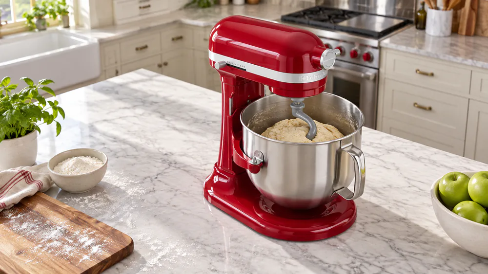 A KitchenAid 7-quart bowl-lift mixer on a family kitchen counter with the bowl raised and locked in place, a stainless bowl of bread dough inside