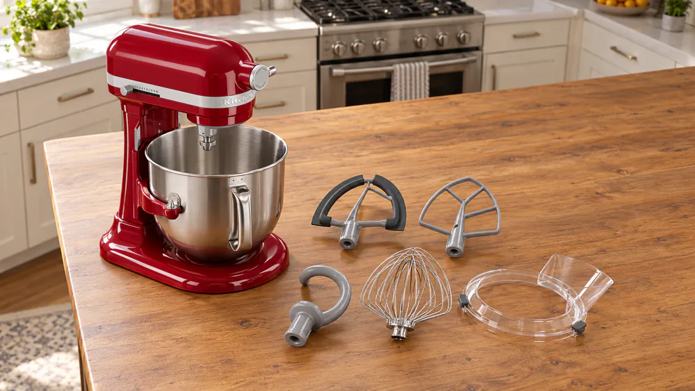 The KitchenAid 7-quart bowl-lift stand mixer with its stainless bowl, flex edge beater, coated flat beater, dough hook, wire whip, and pouring shield laid out on a wooden counter