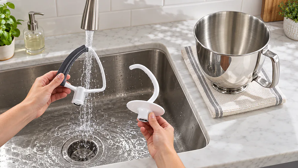 A coated flat beater and dough hook being rinsed by hand in a kitchen sink beside the stainless steel bowl of an Artisan Mini