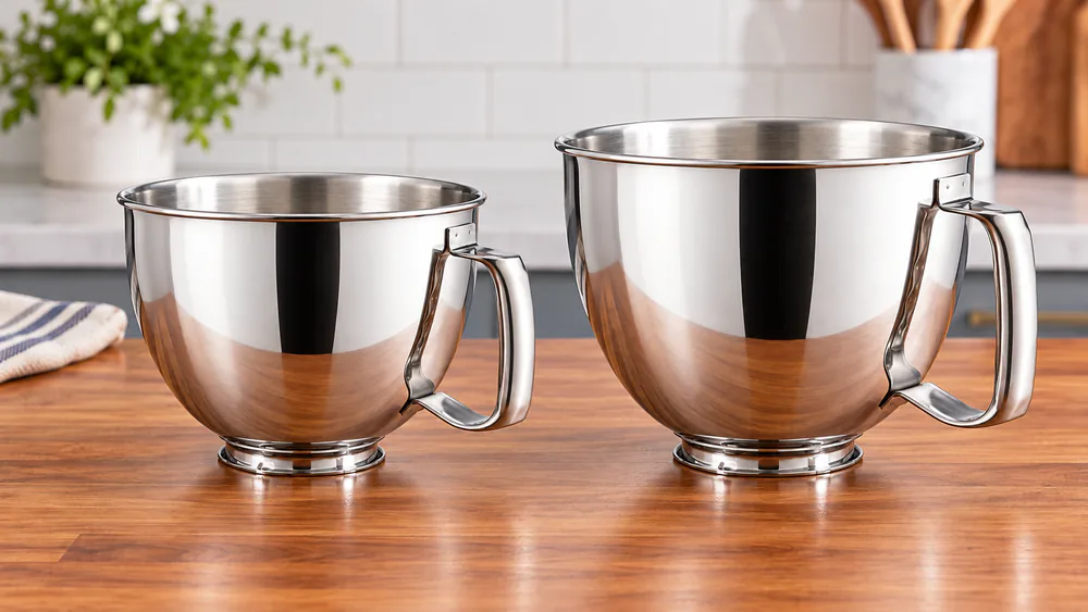 The 3.5-quart stainless steel bowl of a KitchenAid Artisan Mini next to a larger 5-quart bowl on a countertop to show the size difference