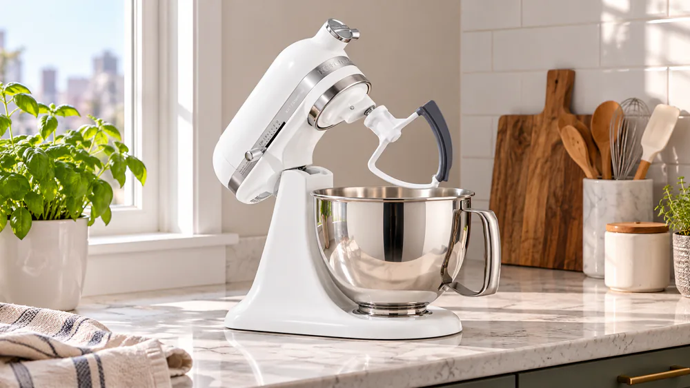 A white KitchenAid Artisan Mini tilt-head mixer sitting on a narrow apartment kitchen counter next to a window with the head tilted back