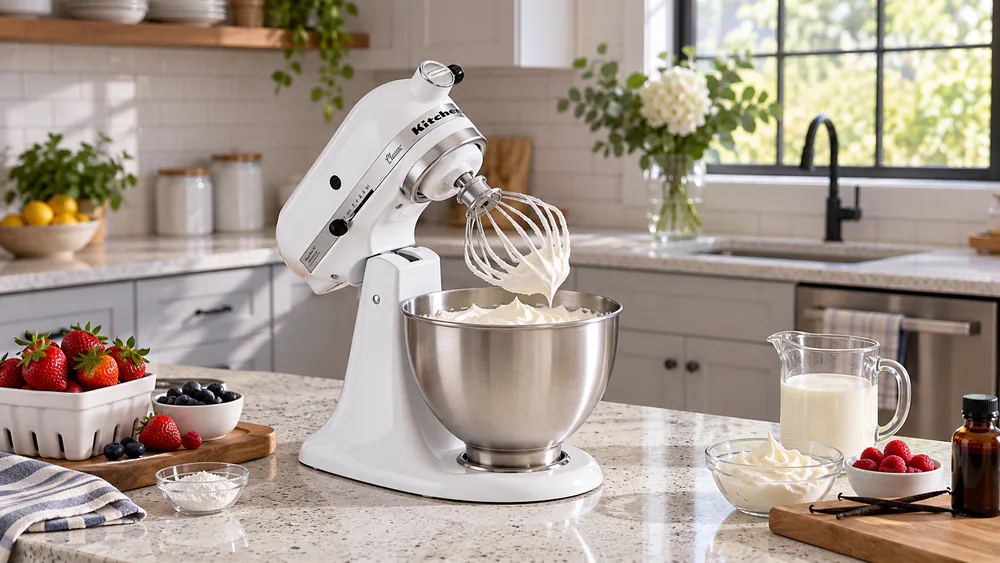 Stiff-peaked whipped cream on the 6-wire whip of a KitchenAid Classic K45SS above its stainless steel bowl