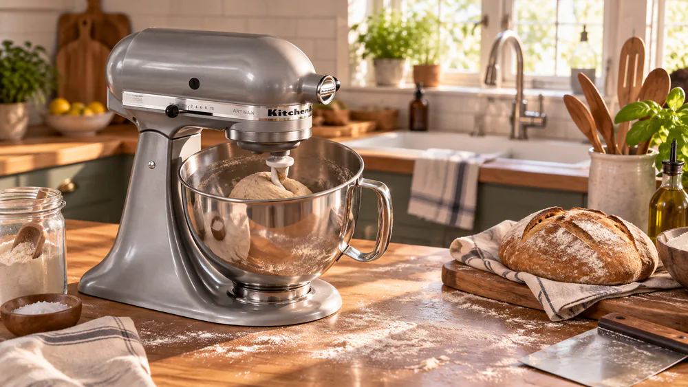 A KitchenAid tilt-head stand mixer with a dough hook kneading a stiff ball of bread dough in a stainless bowl, flour dusted on the counter.
