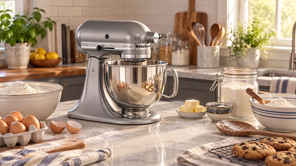 A KitchenAid Artisan tilt-head stand mixer parked on a home kitchen counter next to a bowl of flour and eggs.