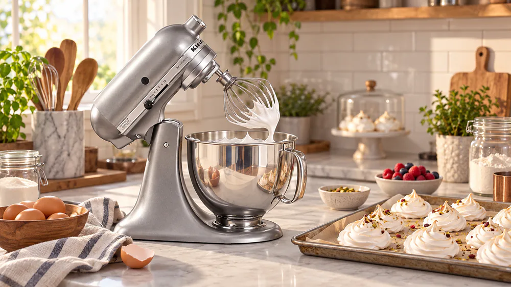 Glossy whipped meringue peaks on a wire whip lifted from a stainless KitchenAid mixing bowl.