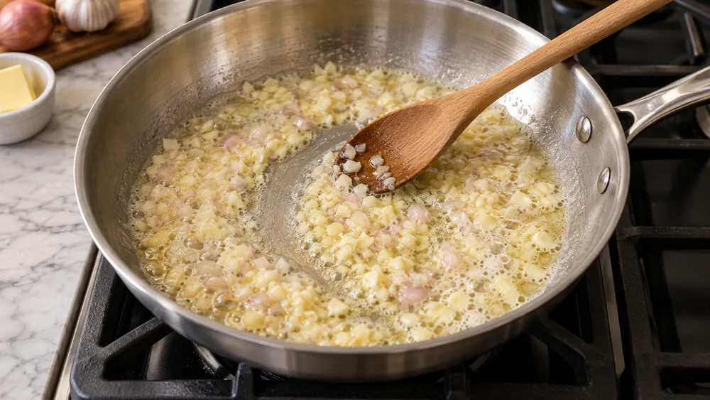 Minced garlic softening in melted butter in a wide stainless skillet, pale gold and just beginning to foam, not browned.