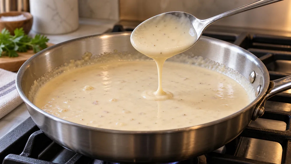 Pale cream sauce at a gentle simmer in a skillet, a spoon lifted to show the sauce coating the back in an even layer.