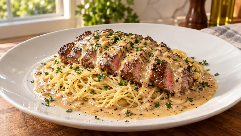 A seared steak sliced over a nest of angel hair pasta, glossy pale Labouchere cream sauce pooling around the plate.