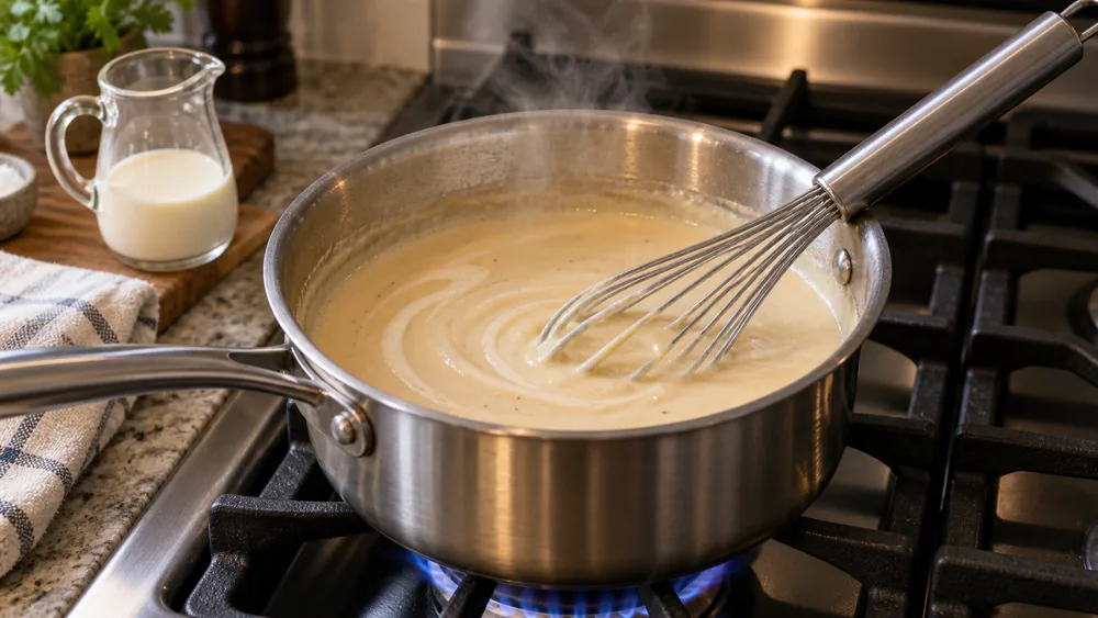 A small saucepan of Labouchere cream sauce being gently reheated and whisked with a splash of cream, steam rising, no oil separation.