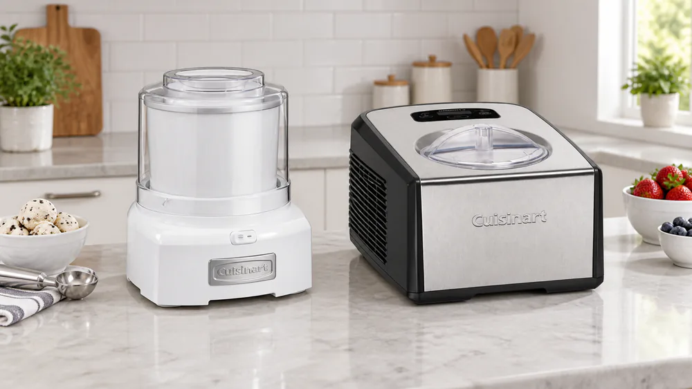 A Cuisinart freezer-bowl ice cream maker beside a larger compressor model on a kitchen counter.