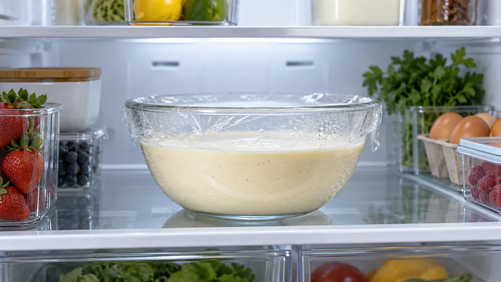 A glass bowl of pale vanilla ice cream base chilling in a refrigerator before churning.