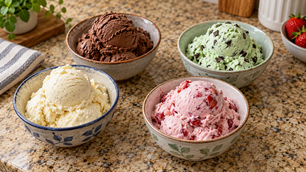 Four small bowls of homemade Cuisinart ice cream in vanilla, chocolate, strawberry, and mint chocolate chip.