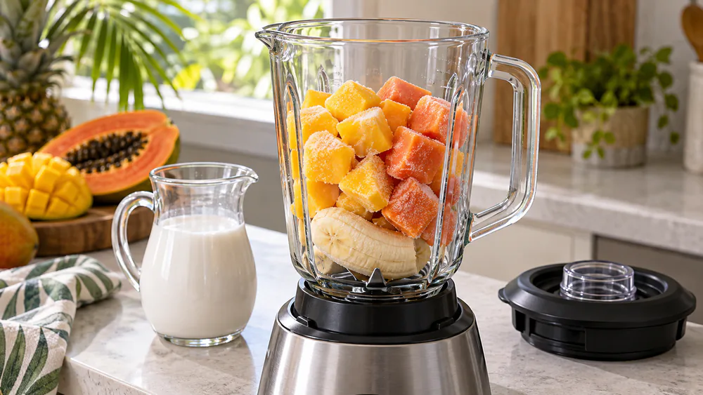 A blender jar filled with frozen mango cubes and papaya chunks before blending, showing frost on the fruit.