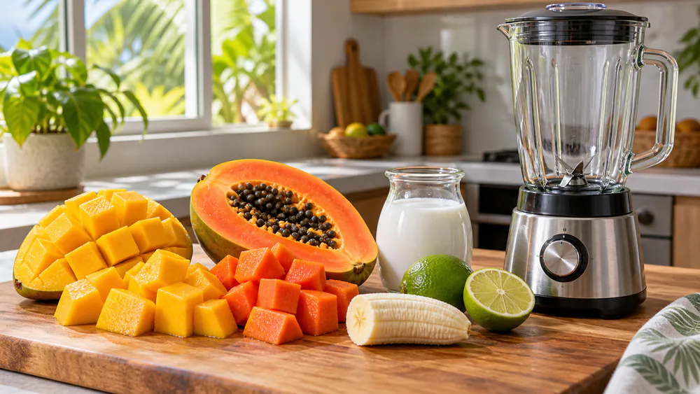 Chopped ripe mango, cubed orange papaya, half a banana, a lime, and a jar of coconut milk arranged on a wooden cutting board next to a blender.
