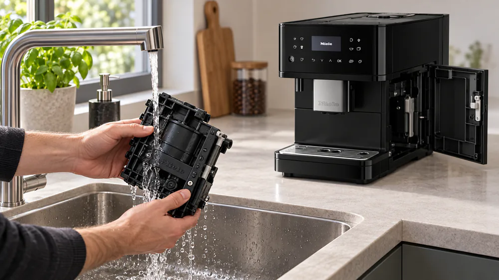 The removable brew unit of the Miele CM6360 held under warm running water, ready for its weekly rinse and full air-dry.