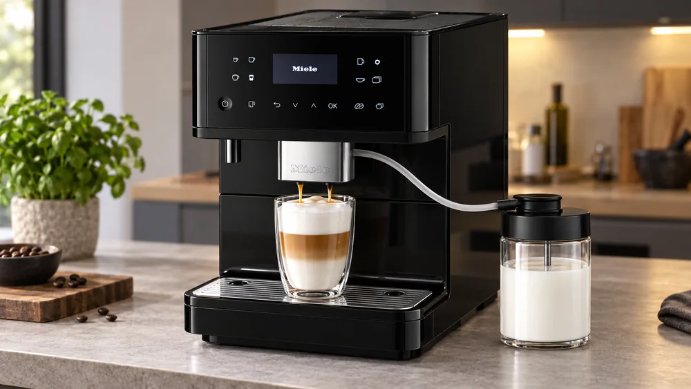A glass latte topped with a thick layer of glossy, finely textured microfoam, made by the Miele CM6360's MilkPerfection system during our two-week test.